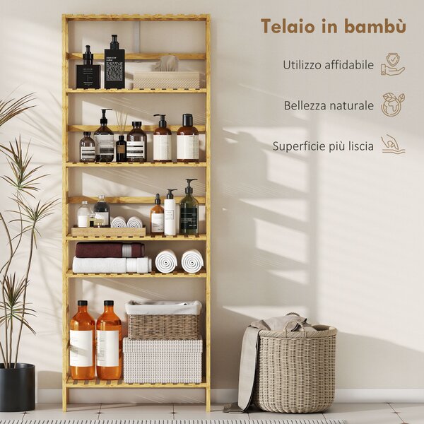 HOMCOM Scaffale in Legno di Bambù a 6 Livelli con Ripiani Regolabili, 60x26x161 cm, Legno Naturale | Aosom Italy