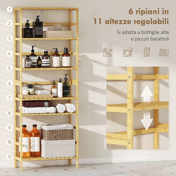 HOMCOM Scaffale in Legno di Bambù a 6 Livelli con Ripiani Regolabili, 60x26x161 cm, Legno Naturale | Aosom Italy