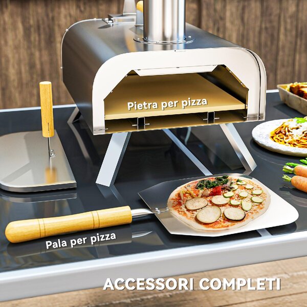 VivaGarden Forno per Pizza a Pellet di Legno con Pietra Refrattaria e Pala in Acciaio Inox 79x36x75 cm colore Argento - K631SR