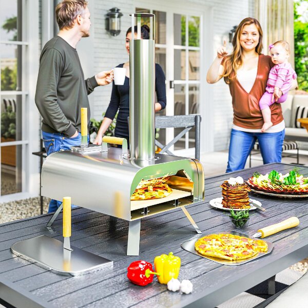 VivaGarden Forno per Pizza a Pellet di Legno con Pietra Refrattaria e Pala in Acciaio Inox 79x36x75 cm colore Argento - K631SR