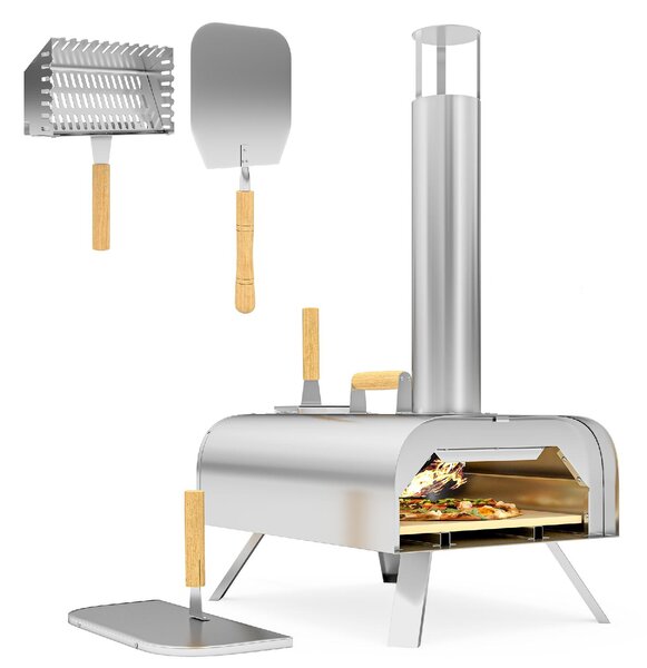 VivaGarden Forno per Pizza a Pellet di Legno con Pietra Refrattaria e Pala in Acciaio Inox 79x36x75 cm colore Argento - K631SR