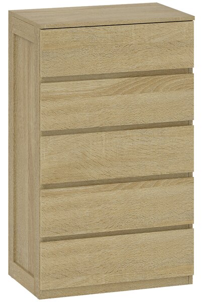 Cassettiera 5 Cassetti 60x39x100 cm in Legno con Guide in Metallo e Maniglie Scanalate color Faggio