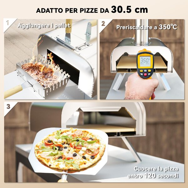VivaGarden Forno per Pizza a Pellet di Legno con Pietra Refrattaria e Pala in Acciaio Inox 79x36x75 cm colore Argento - K631SR