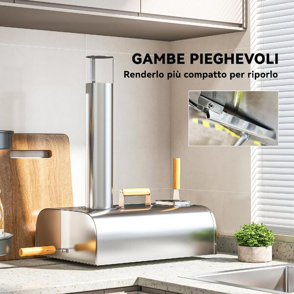 VivaGarden Forno per Pizza a Pellet di Legno con Pietra Refrattaria e Pala in Acciaio Inox 79x36x75 cm colore Argento - K631SR