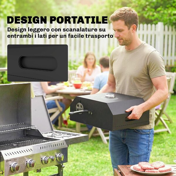 DecHome Forno per Pizza in Metallo con Pietra in Cordierite e Termometro 53x40x18.5 cm colore Nero