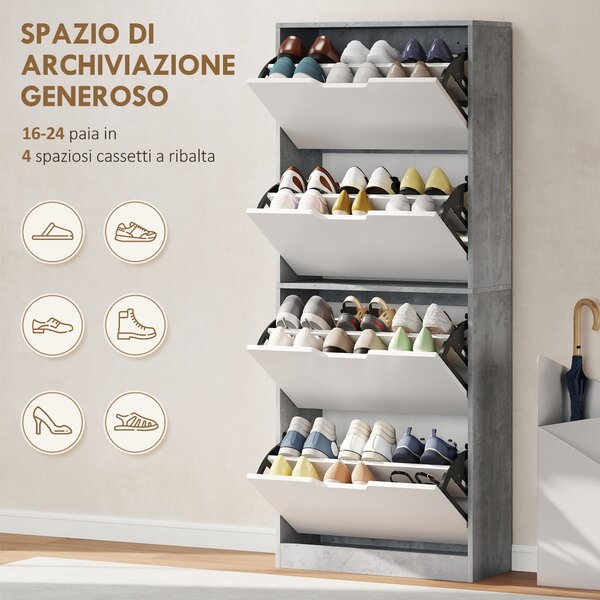HOMCOM Scarpiera Salvaspazio Moderna a 4 Ante per 16 Paia di Scarpe, 62.5x26x156 cm, Grigio Cemento | Aosom Italy