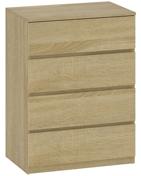 Cassettiera 4 Cassetti 60x40x80 cm con Guide in Metallo e Maniglie Scanalate in Legno color Faggio