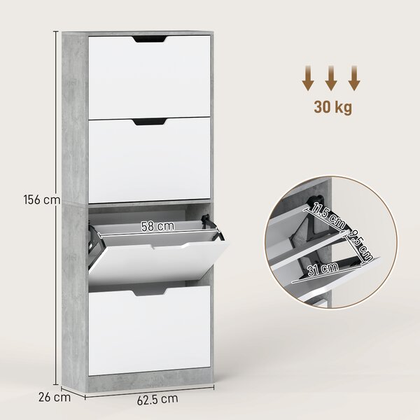 HOMCOM Scarpiera Salvaspazio Moderna a 4 Ante per 16 Paia di Scarpe, 62.5x26x156 cm, Grigio Cemento | Aosom Italy