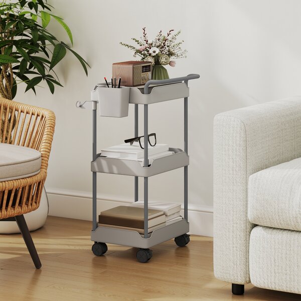HOMCOM Carrello da Cucina con Ruote a 3 Livelli, con Cesti Esraibili e Porta Asciugamani Grigio | Aosom Italy