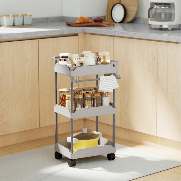 HOMCOM Carrello da Cucina con Ruote a 3 Livelli, con Cesti Esraibili e Porta Asciugamani Grigio | Aosom Italy