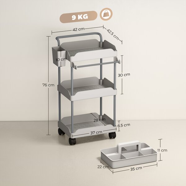 HOMCOM Carrello da Cucina con Ruote a 3 Livelli, con Cesti Esraibili e Porta Asciugamani Grigio | Aosom Italy