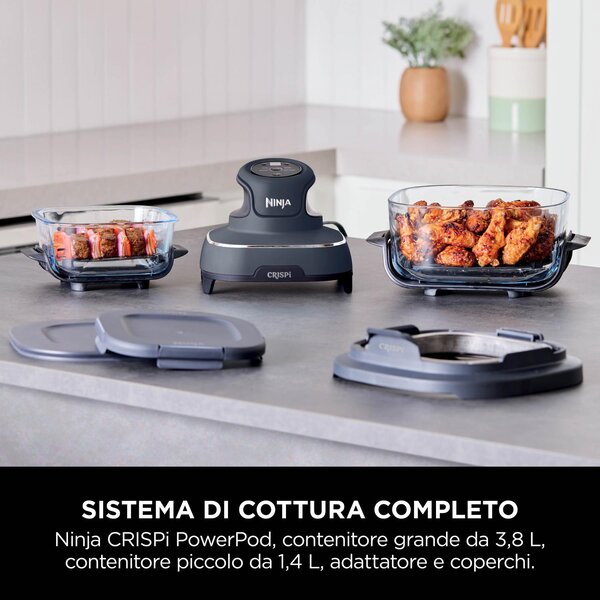 Ninja Friggitrice ad Aria 4 in 1 Capacit 3.8 Litri Potenza 1700 Watt Frittura 2 Contenitori in Vetro Rimovibili colore Grigio - FN101EUGY CRISPi