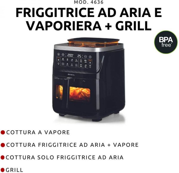 Ariete Friggitrice ad Aria 7 Litri Potenza 1700W con Funzione a Vapore + Grill colore Nero - 00C463600AR0