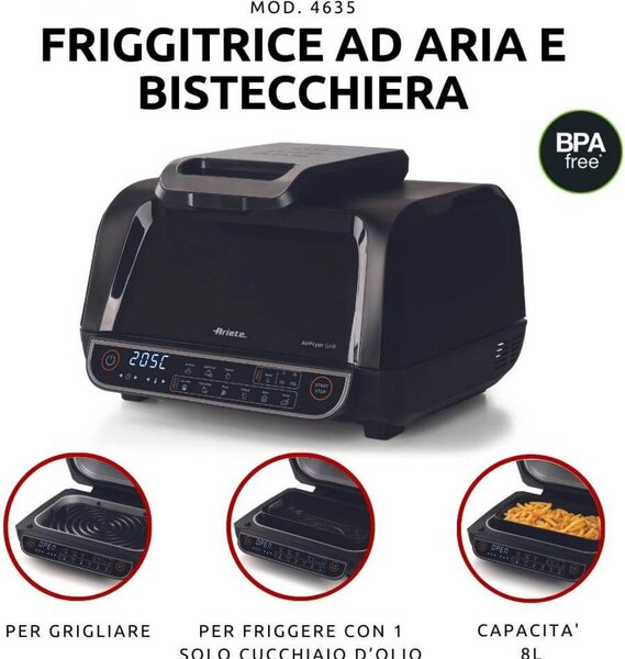 Ariete Friggitrice ad Aria Air Fryer Grill 2in1 Capacit 8 Litri Potenza 1700 Watt con Timer colore Nero - 4635