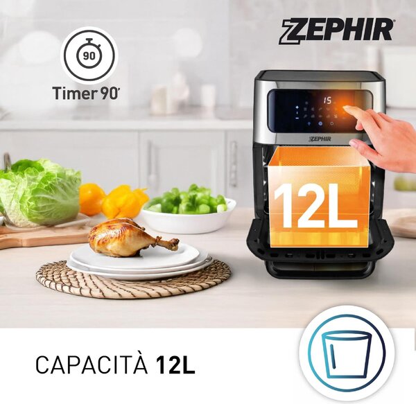 Zephir Friggitrice ad Aria Capacit 12 Litri Potenza 1800 Watt con Timer e Termostato Regolabile colore Acciaio Inox - ZHC121N