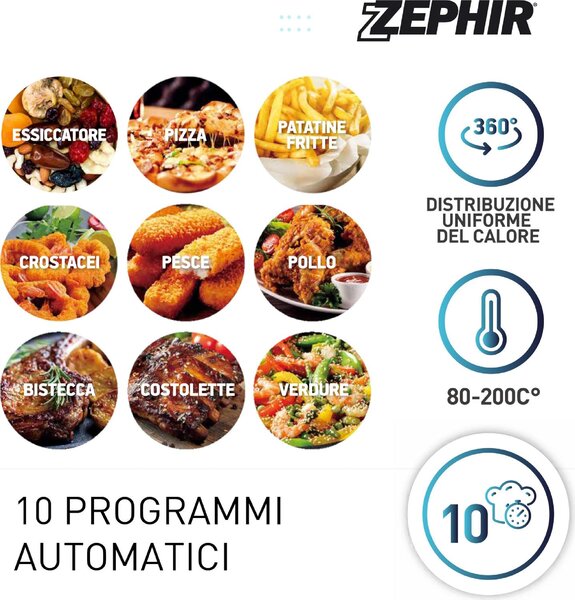 Zephir Friggitrice ad Aria Capacit 12 Litri Potenza 1800 Watt con Timer e Termostato Regolabile colore Acciaio Inox - ZHC121N