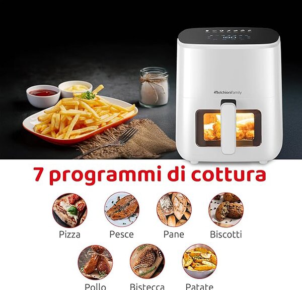 Melchioni Friggitrice ad Aria Capacit 5 Litri Potenza 1500 Watt Air Fryer Compatta con Contenitore Antiaderente e Timer colore Bianco - MARIANNA NEW