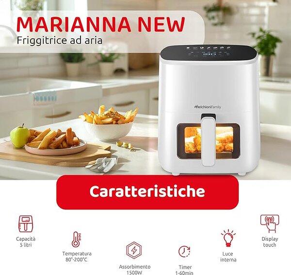 Melchioni Friggitrice ad Aria Capacit 5 Litri Potenza 1500 Watt Air Fryer Compatta con Contenitore Antiaderente e Timer colore Bianco - MARIANNA NEW