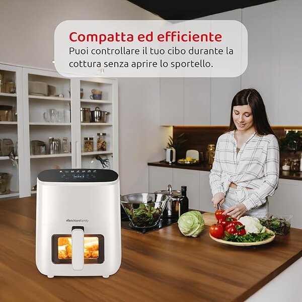 Melchioni Friggitrice ad Aria Capacit 5 Litri Potenza 1500 Watt Air Fryer Compatta con Contenitore Antiaderente e Timer colore Bianco - MARIANNA NEW