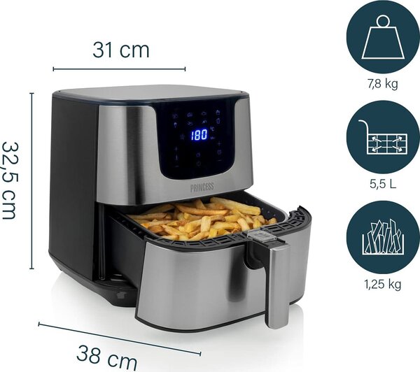 PRINCESS Friggitrice ad Aria Capacit 5.5 Litri Potenza 1700 Watt colore Argento - 182060