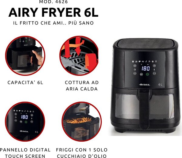 Ariete Friggitrice ad Aria Capacit 6 Litri Potenza 1300 Watt Capacit di Cottura 2,5kg colore Nero - 4626 Airy Fryer