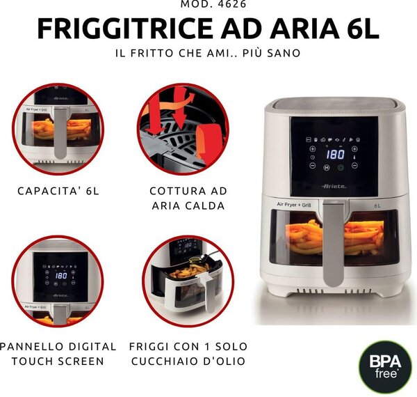 Ariete Friggitrice ad Aria Capacit 6 Litri Potenza 1300W Temperatura massima 200 colore Bianco - 4626 Airy Fryer