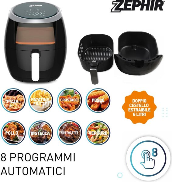Zephir Friggitrice ad Aria Capacit 6 Litri Potenza 1800 Watt con Display digitale colore Nero - ZHC60N
