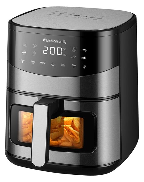 Melchioni Friggitrice ad Aria Capacit 6,5 Litri Potenza 2000 Watt con Doppia Resistenza e Finestra colore Nero/Acciaio - Arianna