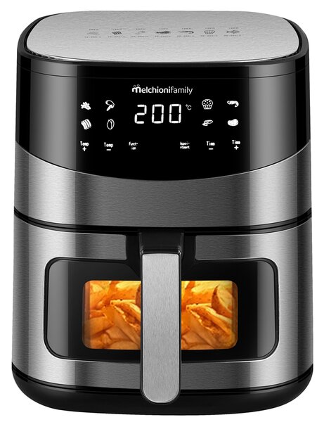 Melchioni Friggitrice ad Aria Capacit 6,5 Litri Potenza 2000 Watt con Doppia Resistenza e Finestra colore Nero/Acciaio - Arianna