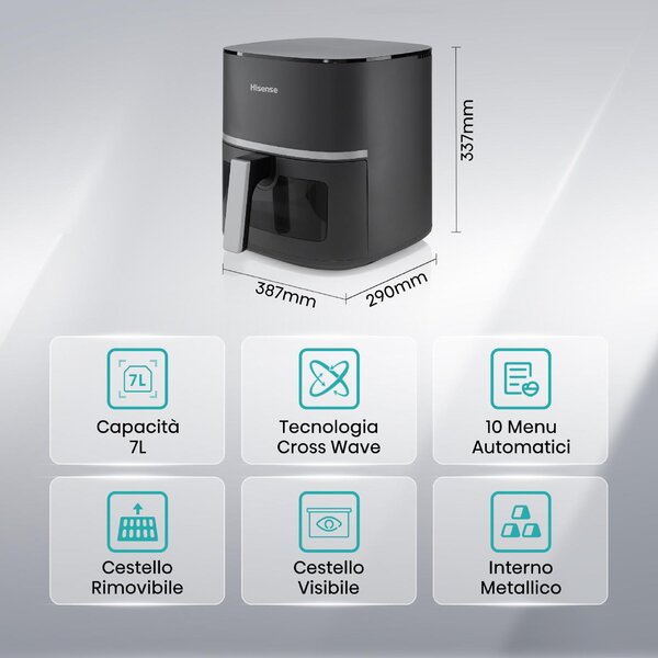 Hisense Friggitrice ad Aria Capacit 7 Litri Potenza 1800 Watt con Finestra e Controlli Touch colore Nero - HAF1900D