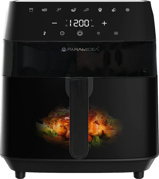 PYRAMIDEA Friggitrice ad Aria Capacit 8 Litri Potenza 1400 Watt Rivestimento Antiaderente con Timer e Termostato Regolabile colore Nero - AF816B