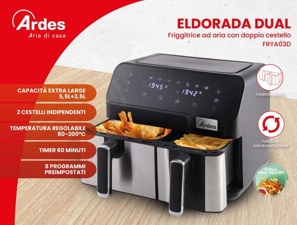 Ardes Friggitrice ad Aria Capacit 9 Litri Potenza 1700 Watt Doppio Cestello colore Nero Inox - Eldorada Dual ARFRYA03D