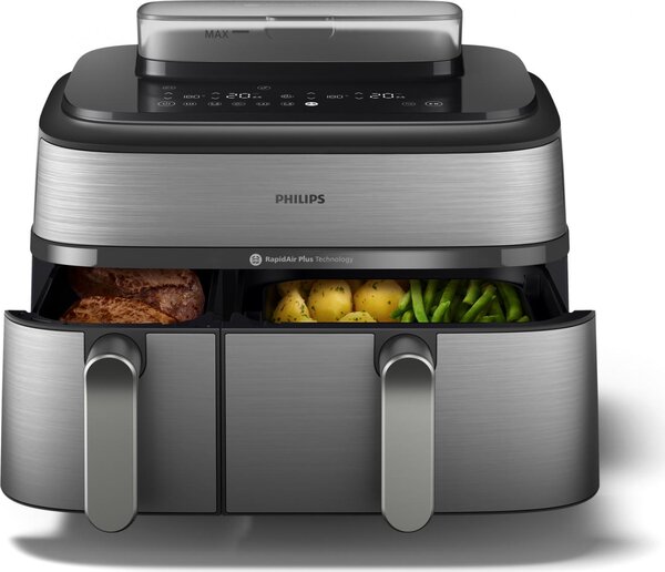 Philips OUTLET - Friggitrice ad Aria Capacit 9 Litri Potenza 2750 Watt con Doppio Cestello e Tecnologia RapidAir Plus colore Argento - NA555/00 Se
