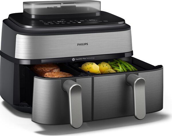 Philips OUTLET - Friggitrice ad Aria Capacit 9 Litri Potenza 2750 Watt con Doppio Cestello e Tecnologia RapidAir Plus colore Argento - NA555/00 Se
