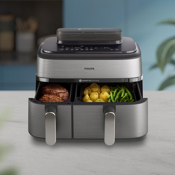 Philips Friggitrice ad Aria Capacit 9 Litri Potenza 2750 Watt con Doppio Cestello e Tecnologia RapidAir Plus colore Argento - NA555/00 Serie 5000