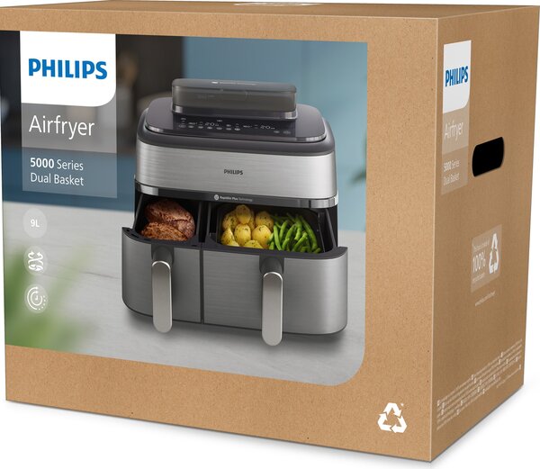 Philips Friggitrice ad Aria Capacit 9 Litri Potenza 2750 Watt con Doppio Cestello e Tecnologia RapidAir Plus colore Argento - NA555/00 Serie 5000