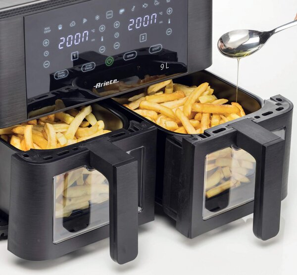 Ariete Friggitrice ad Aria Doppia Multifunzione Capacit 9 Litri Potenza 2400 Watt Doppio Cestello con Termostato Regolabile e Timer colore Nero - 