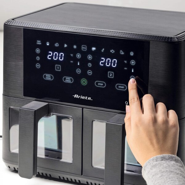 Ariete Friggitrice ad Aria Doppia Multifunzione Capacit 9 Litri Potenza 2400 Watt Doppio Cestello con Termostato Regolabile e Timer colore Nero - 