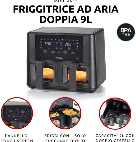 Ariete Friggitrice ad Aria Doppia Multifunzione Capacit 9 Litri Potenza 2400 Watt Doppio Cestello con Termostato Regolabile e Timer colore Nero - 