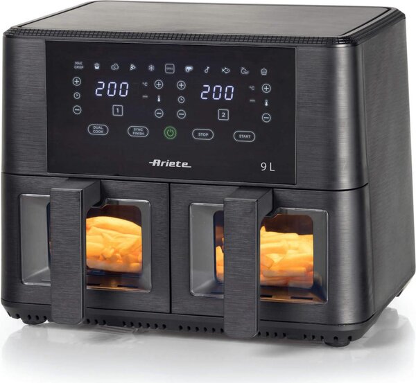Ariete Friggitrice ad Aria Doppia Multifunzione Capacit 9 Litri Potenza 2400 Watt Doppio Cestello con Termostato Regolabile e Timer colore Nero - 