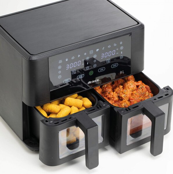 Ariete Friggitrice ad Aria Doppia Multifunzione Capacit 9 Litri Potenza 2400 Watt Doppio Cestello con Termostato Regolabile e Timer colore Nero - 