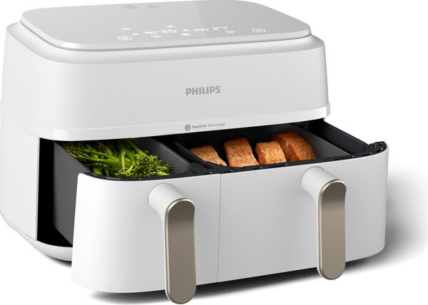 Philips Friggitrice ad Aria Doppio Cestello Capacit 9 Litri Potenza 2750 Watt 8 Programmi di Cottura Temperatura Max 200 C colore Bianco - Serie 