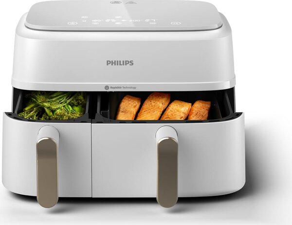 Philips Friggitrice ad Aria Doppio Cestello Capacit 9 Litri Potenza 2750 Watt 8 Programmi di Cottura Temperatura Max 200 C colore Bianco - Serie 