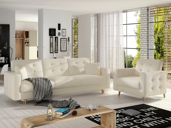 Salotto completo divano letto Zurigo - Ecopelle bianco panna