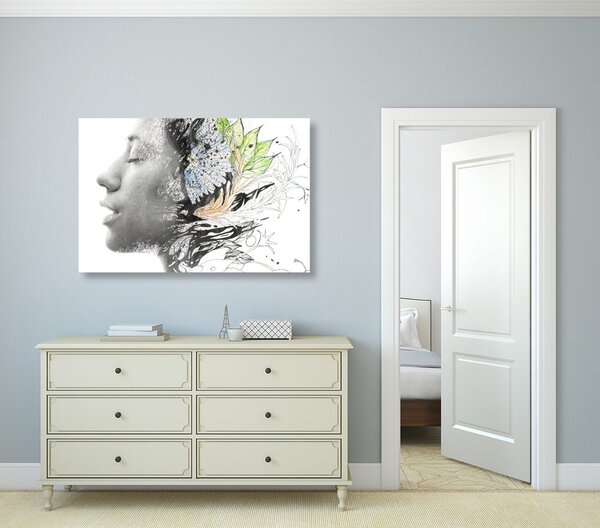Quadro su tela – Donna con fiori dipinti