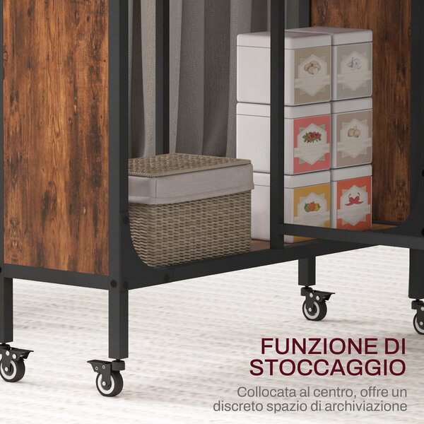 HOMCOM Tavolo Pieghevole con 6 Ruote e Mensola Stile Industriale in Legno e Metallo, Marrone Rustico
