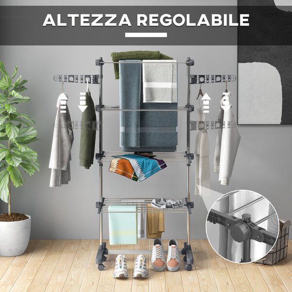 HOMCOM Stendino Verticale con 4 Ripiani Regolabili, in Acciaio e Plastica, 142x55x172 cm, Grigio e Argento