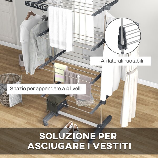 HOMCOM Stendino Verticale con 4 Ripiani Regolabili, in Acciaio e Plastica, 142x55x172 cm, Grigio e Argento