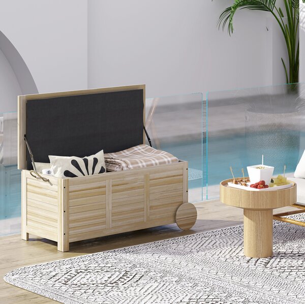 Outsunny Baule da Esterno 185L a 2 Ruote con Telo Interno e Coperchio, in Legno di Abete, 110x50x50 cm, color Legno