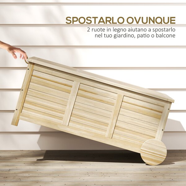 Outsunny Baule da Esterno 185L a 2 Ruote con Telo Interno e Coperchio, in Legno di Abete, 110x50x50 cm, color Legno